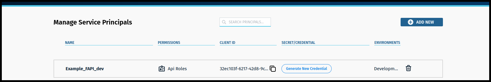 Figure 83. The Secure Module—Manage Service Principals Page Showing the FAPI Credential Including Client ID