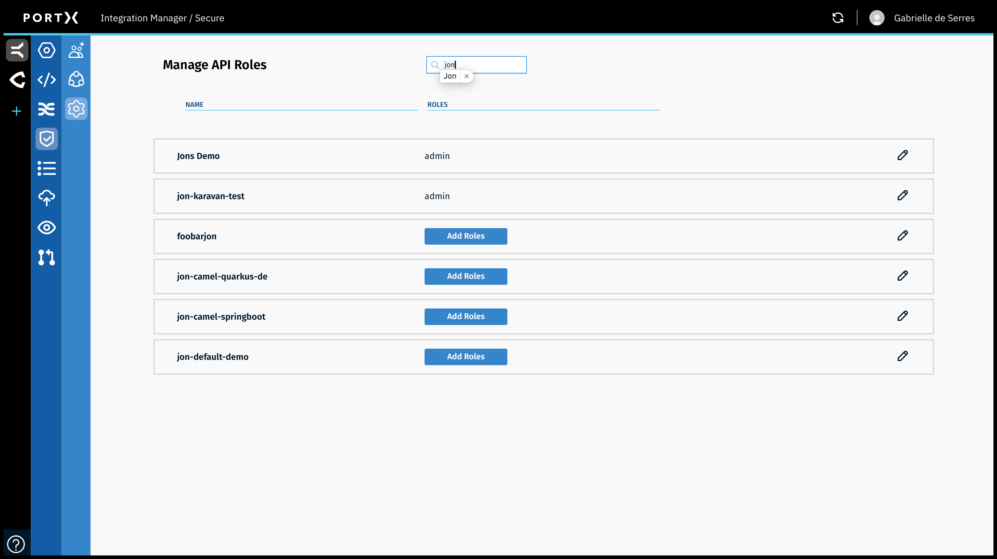 Figure 51. The Secure Module Main Page—Manage API Roles Page Showing Search Results for a Specific API
