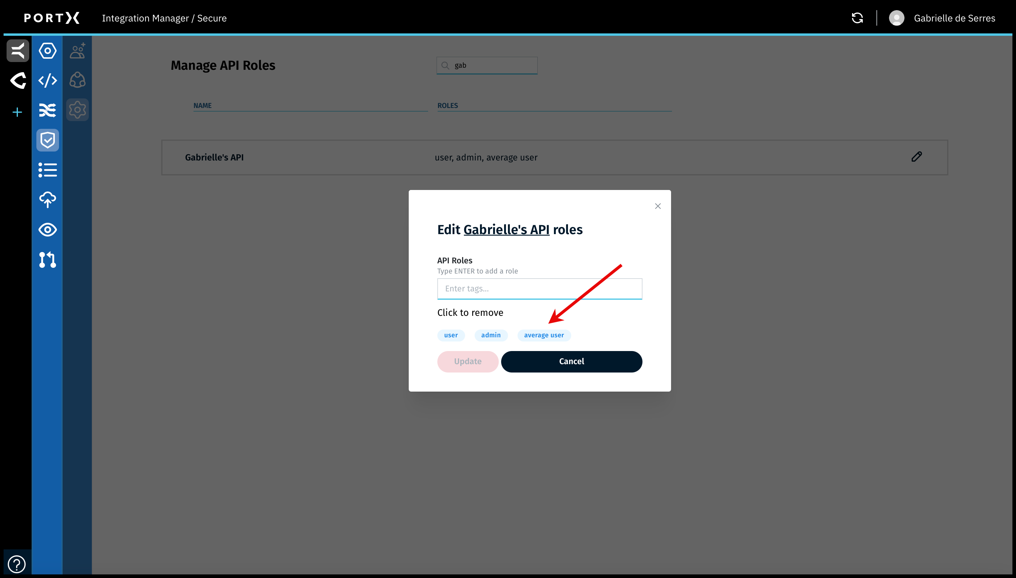 Figure 59. The Secure Module Main Page—Manage API Roles Page—Specific API Edit Roles Window—Click on Name of Role to Remove It