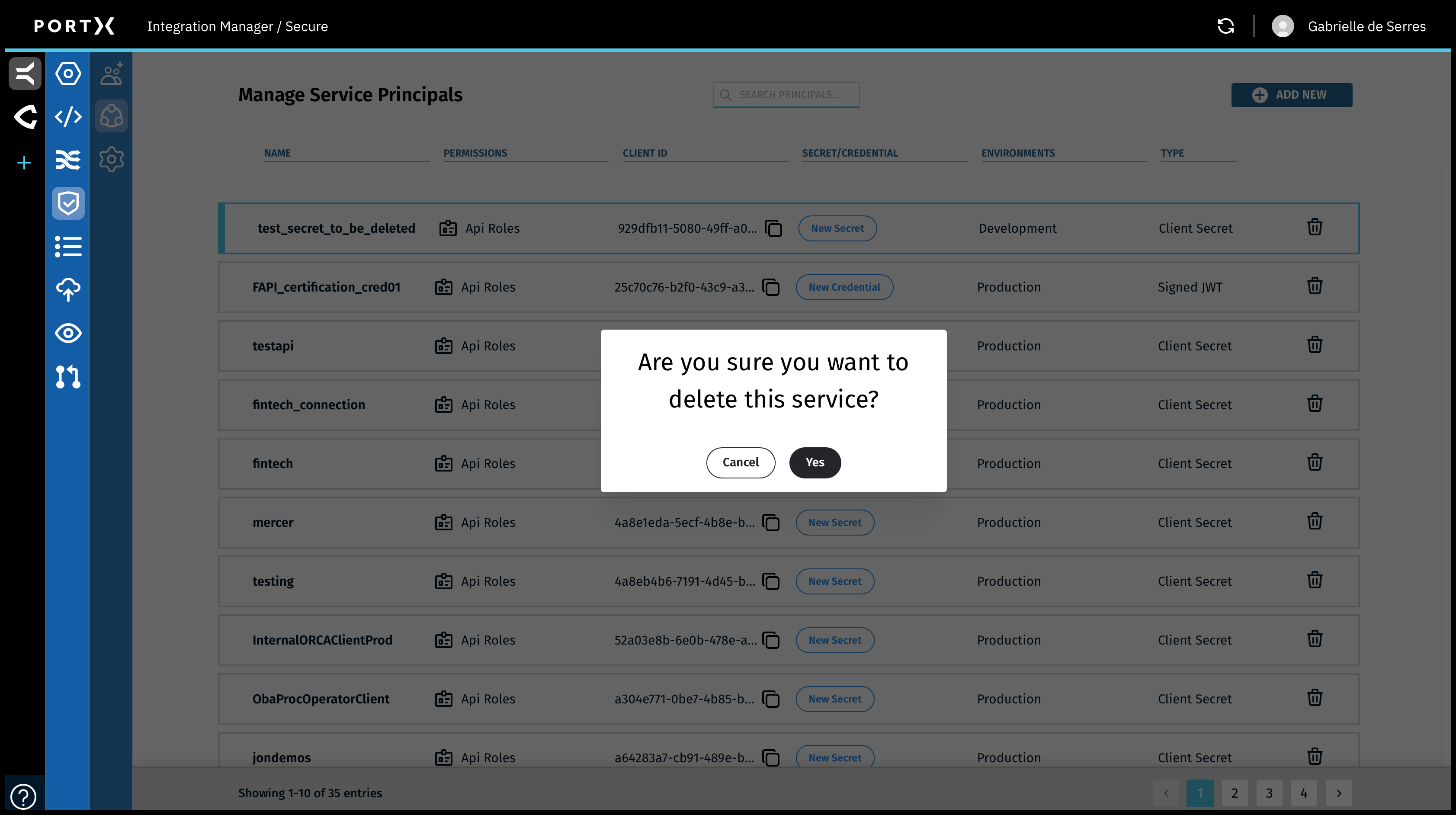 Figure 113. The Secure Module—Manage Service Principals Page—Delete Verification Window