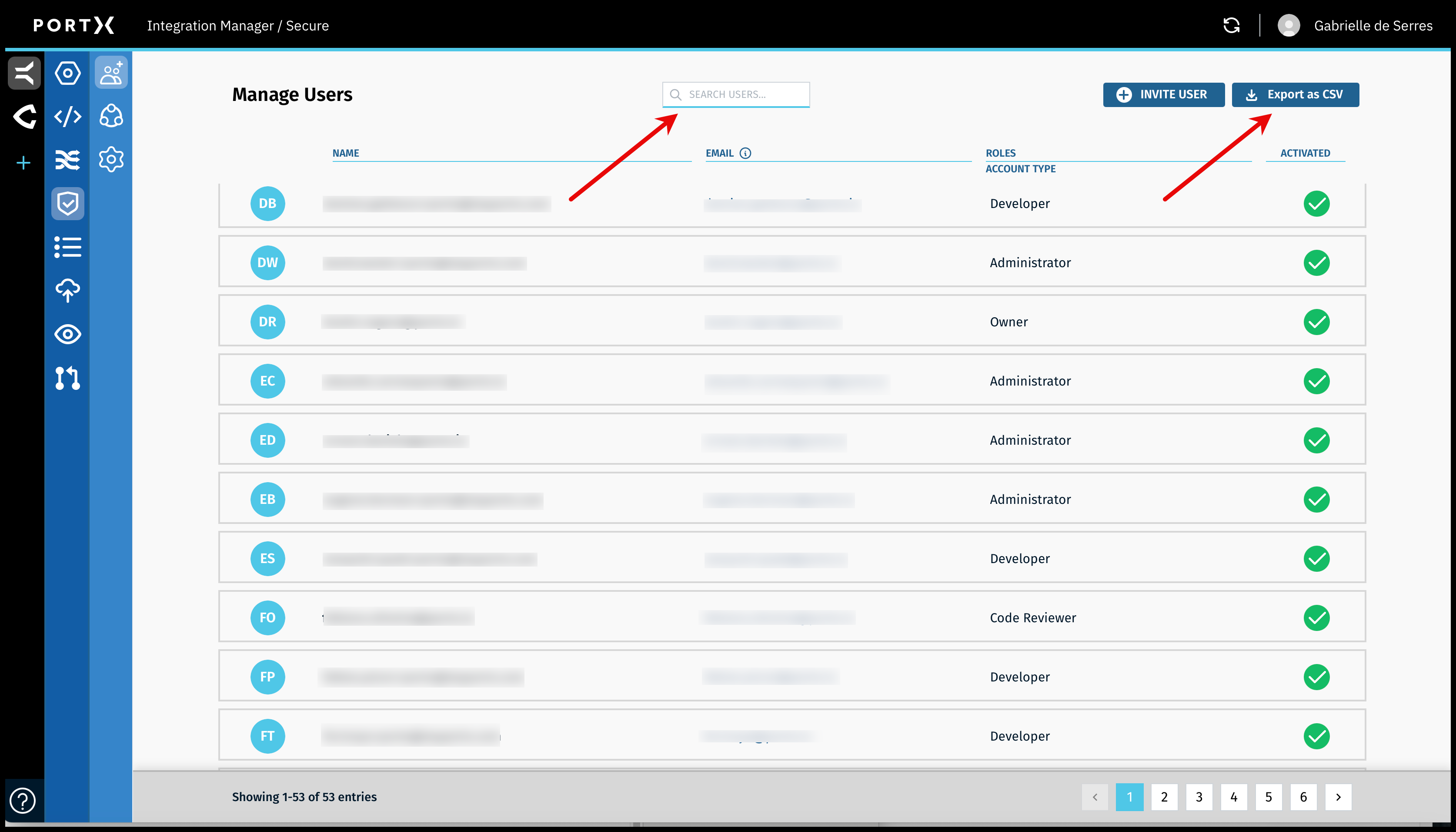 Figure 23. The Secure Module—Manage Users Page—Search Feature, and Export List of Users as CSV Button