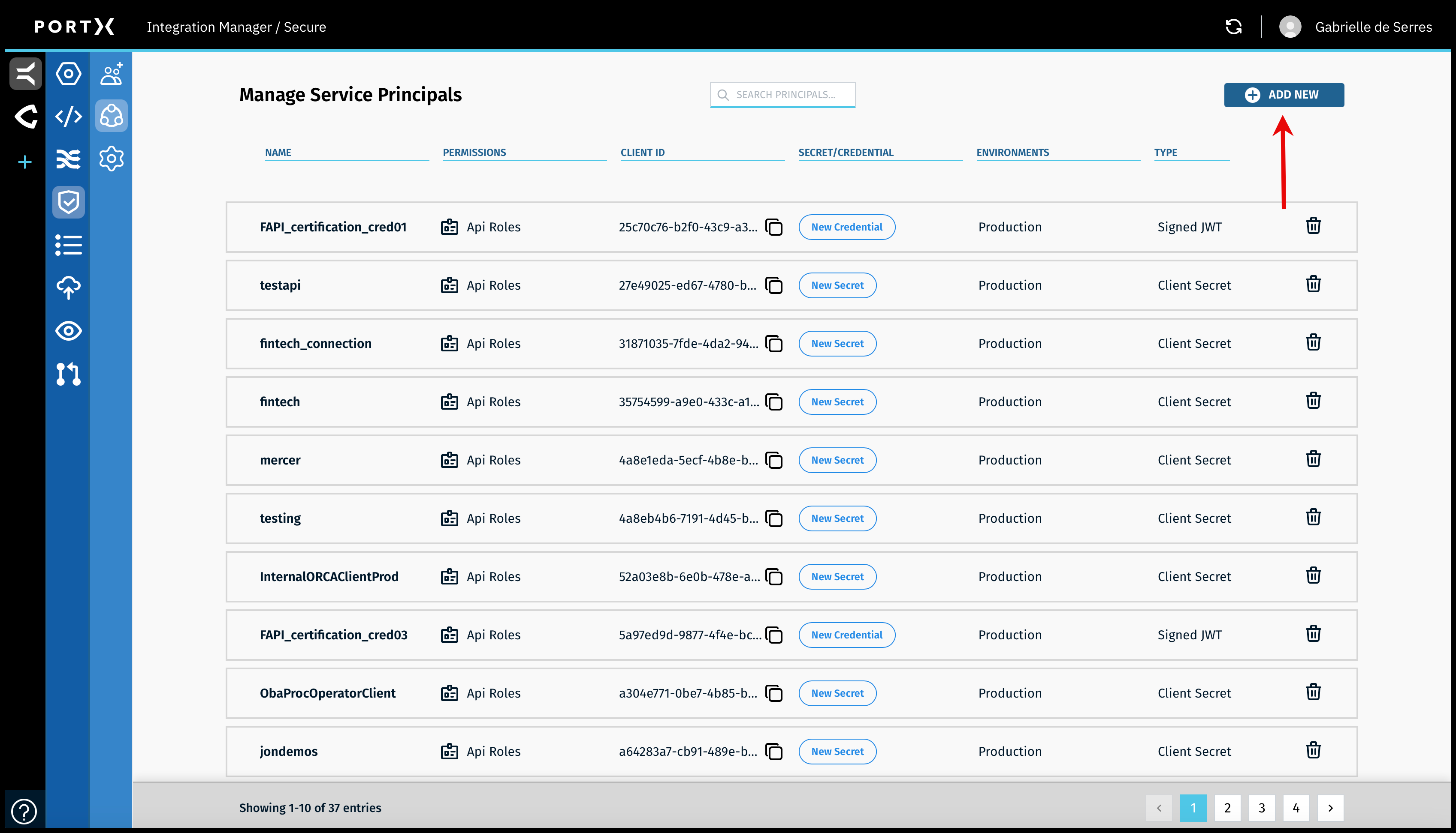 Figure 78. The Secure Module—Manage Service Principals Page—Add New Button