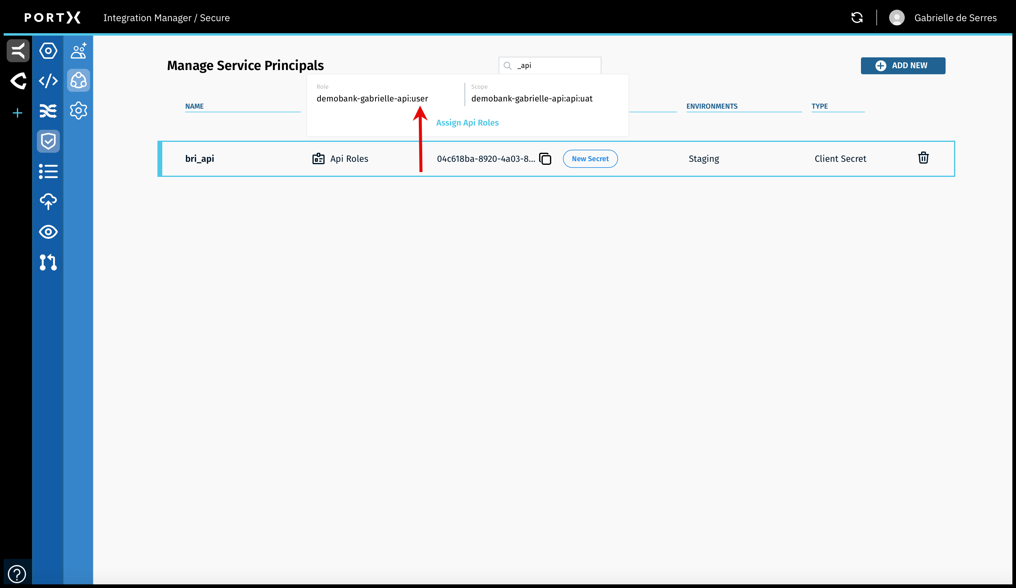 Figure 99. The Secure Module—Manage Service Principals Page—Pop-up Message Showing Current API Role as “User”