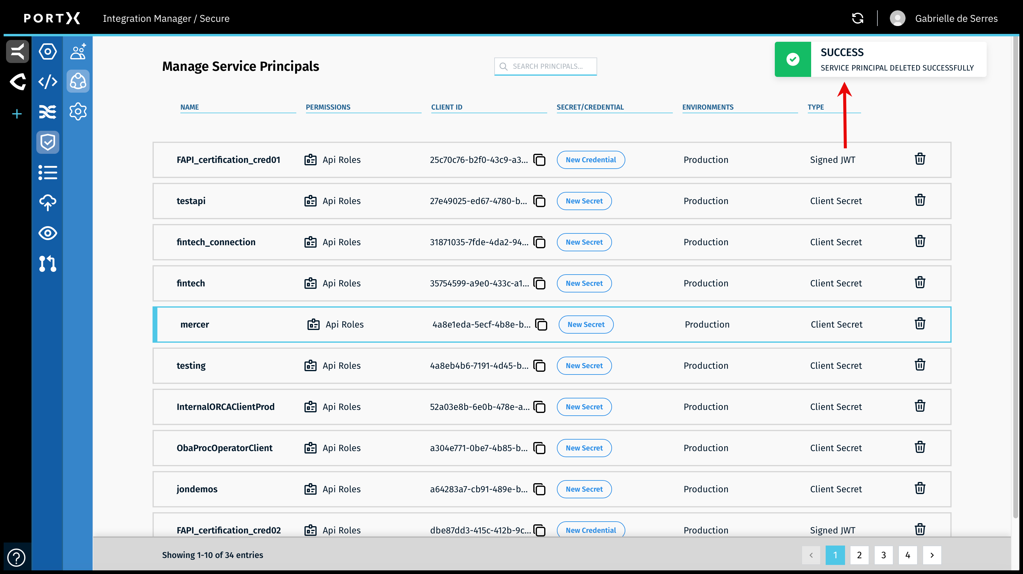 Figure 114. The Secure Module—Manage Service Principals Page—Confirmation of Deleted Service Principal
