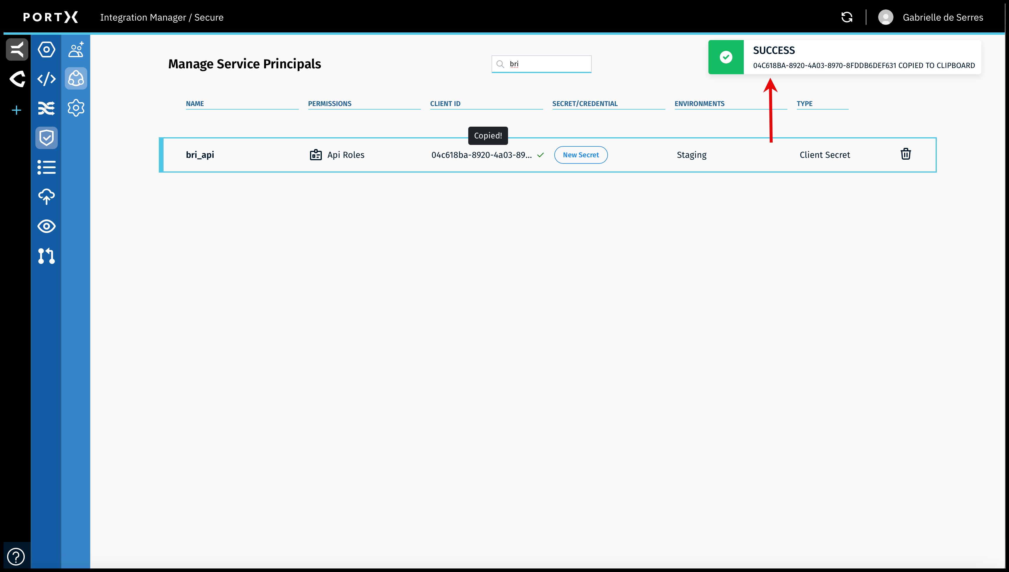 Figure 66. The Secure Module—Manage Service Principals Page—Copying the Value of Client ID to the Clipboard