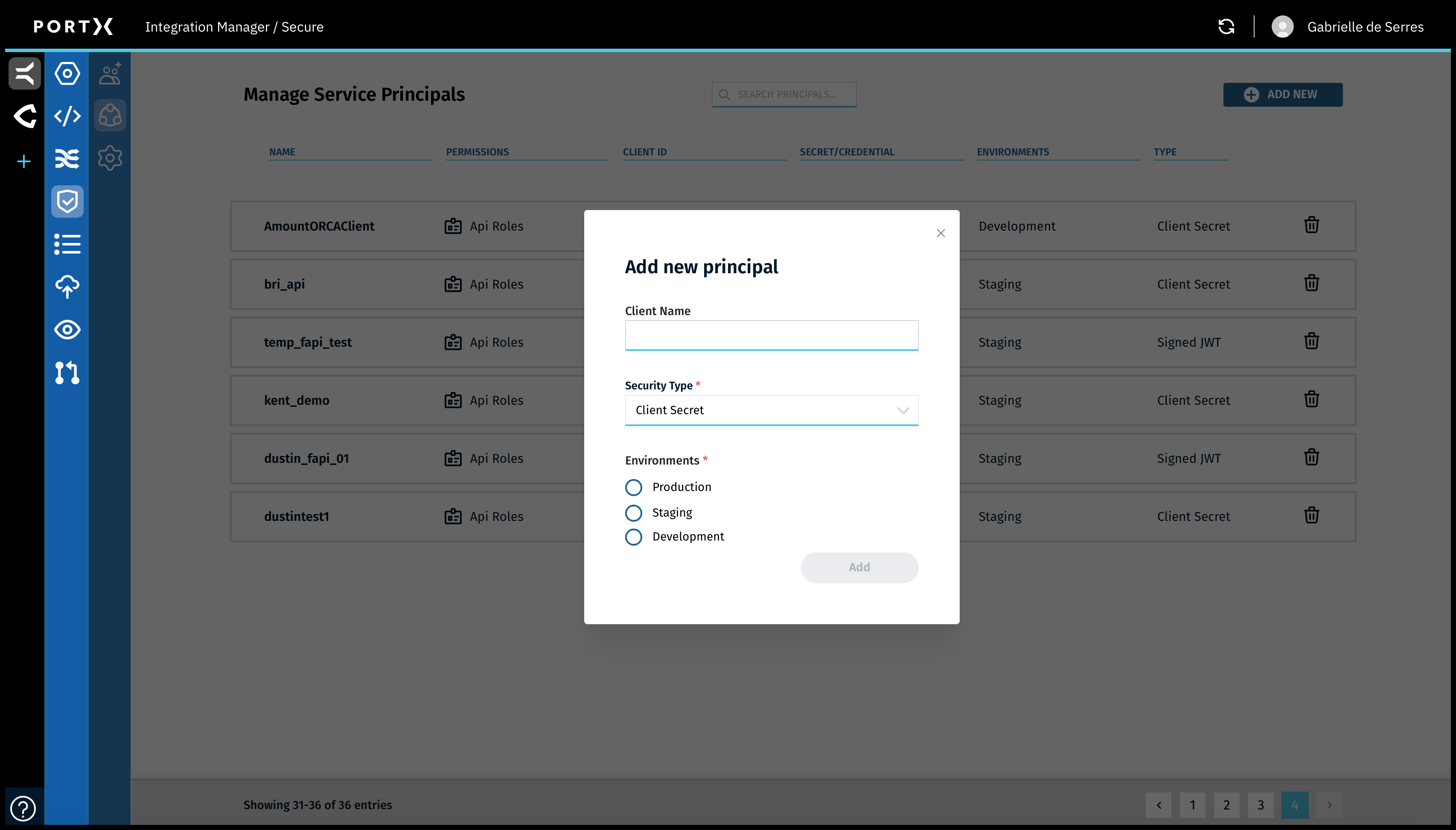 Figure 71. The Secure Module—Manage Service Principals Page—Add New Principal Window