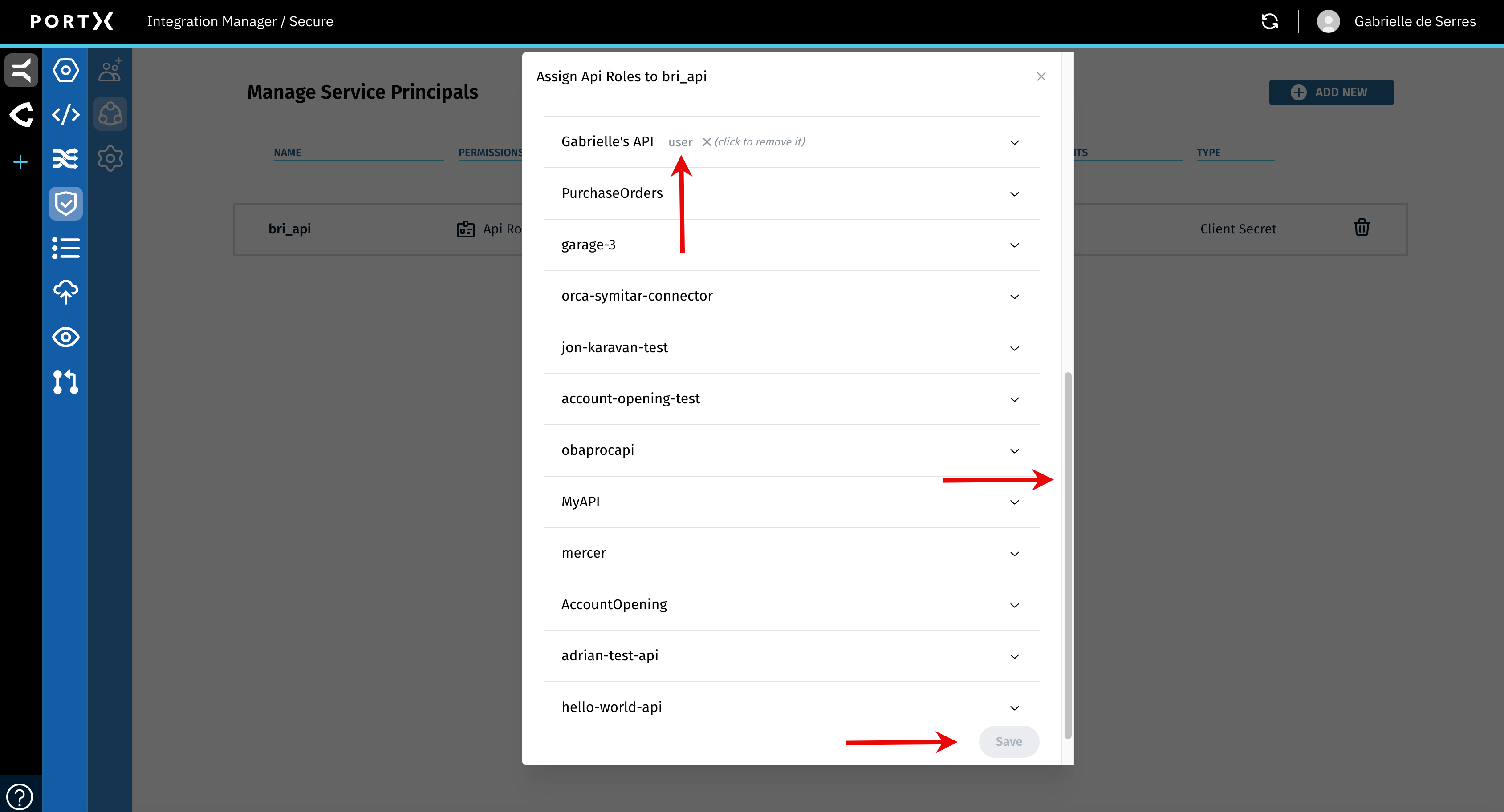 Figure 107. The Secure Module—Manage Service Principals Page—Assign Api Roles Window