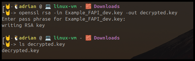Figure 86. Example of using the Open SSL command to decrypt .key