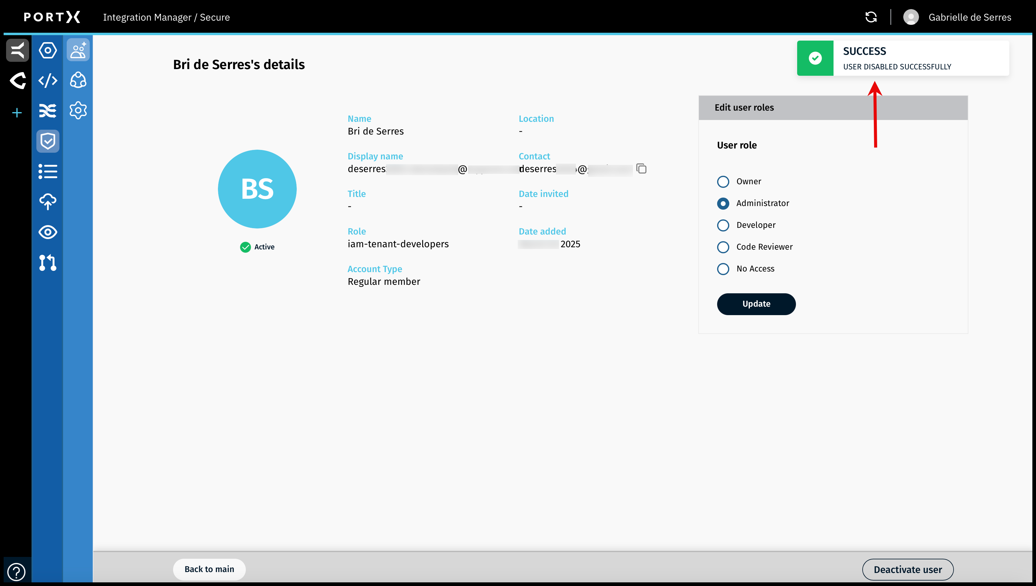 Figure 38. The Secure Module—Manage Users—User Record—Successful User Disabled Confirmation Message