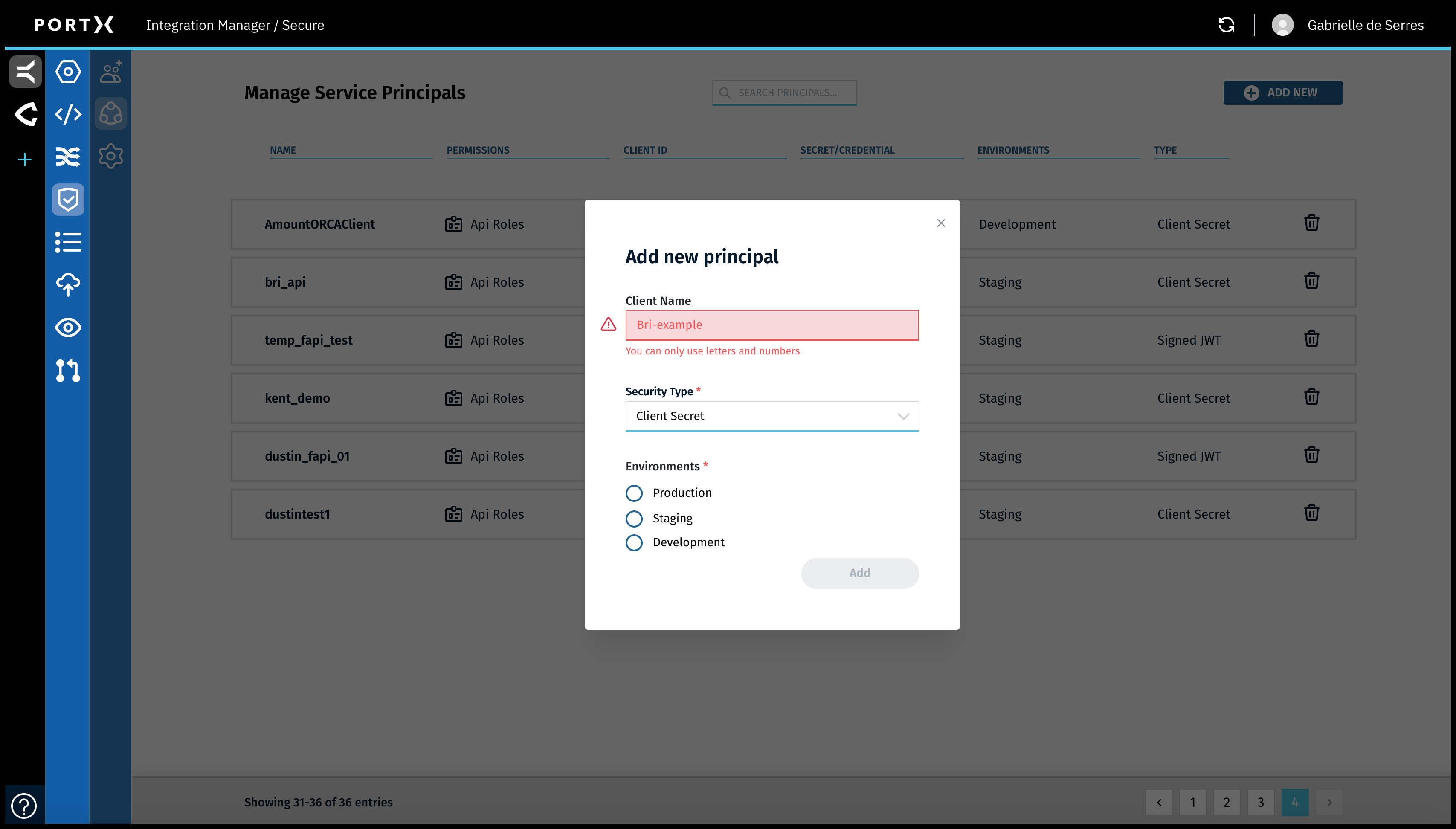 Figure 72. The Secure Module—Manage Service Principals Page—Add New Principal Window Showing to Only Use Numbers and Letters