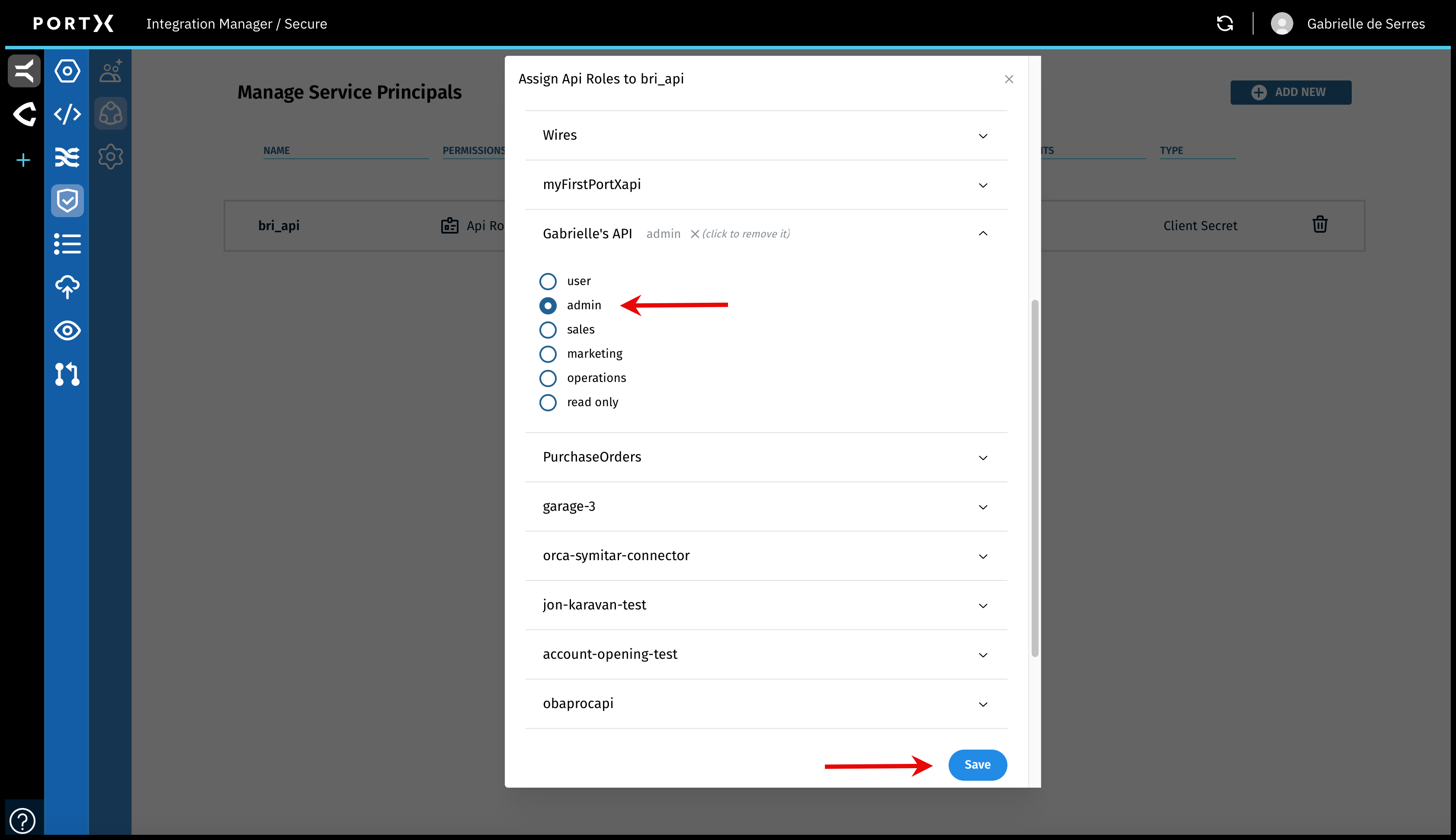 Figure 101. The Secure Module—Manage Service Principals Page—Assign Api Roles Window—Selection of API Role