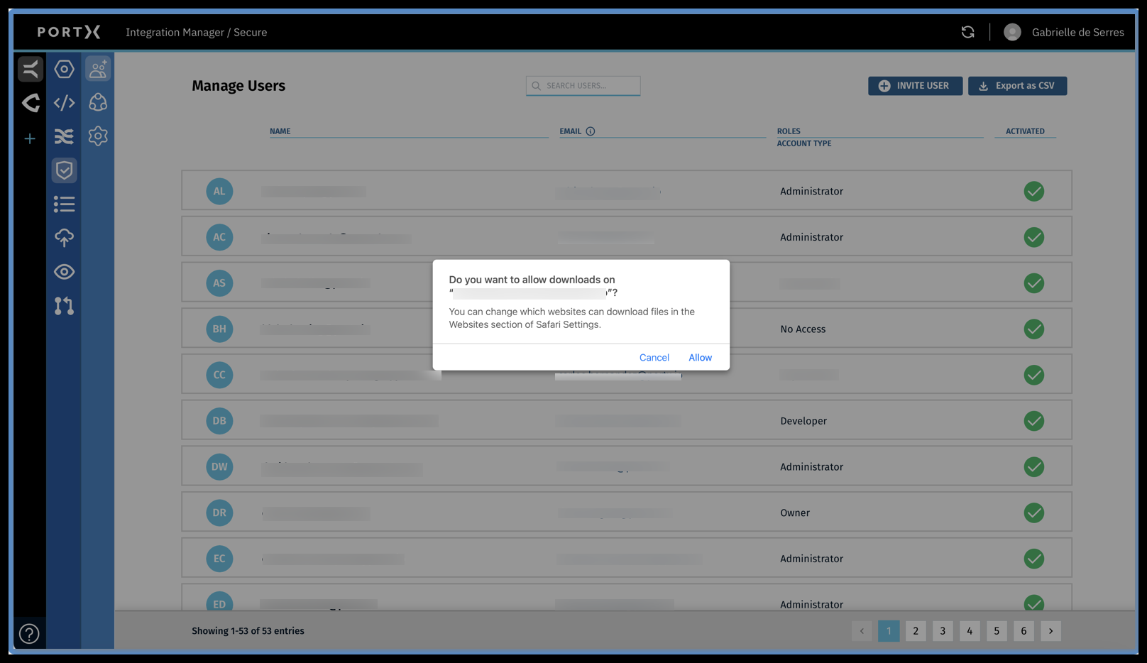 Figure 25. The Secure Module—Manage Users Page—Browser Message when Exporting CSV File