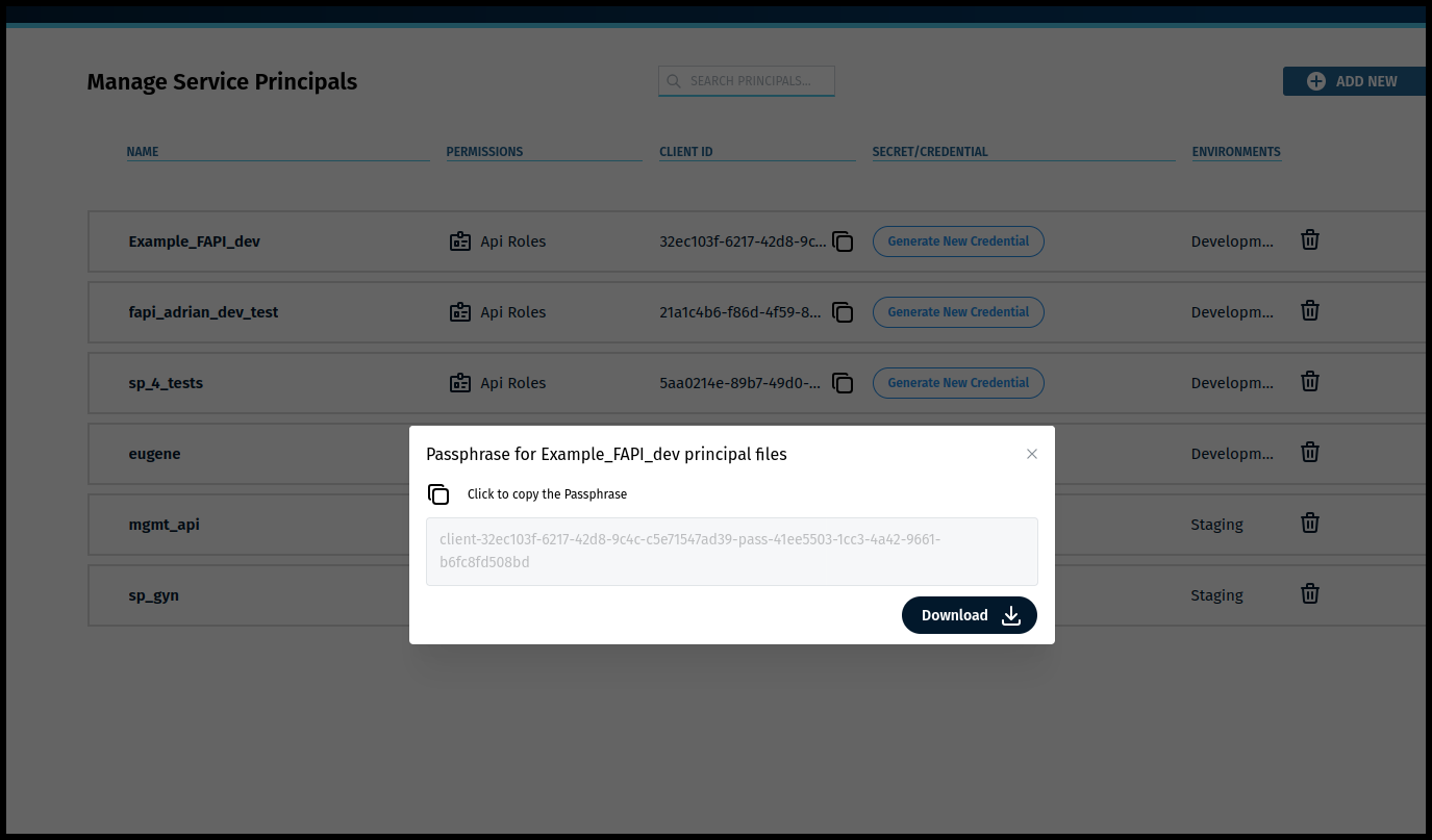 Figure 80. The Secure Module—Manage Service Principals Page—Passphrase Window