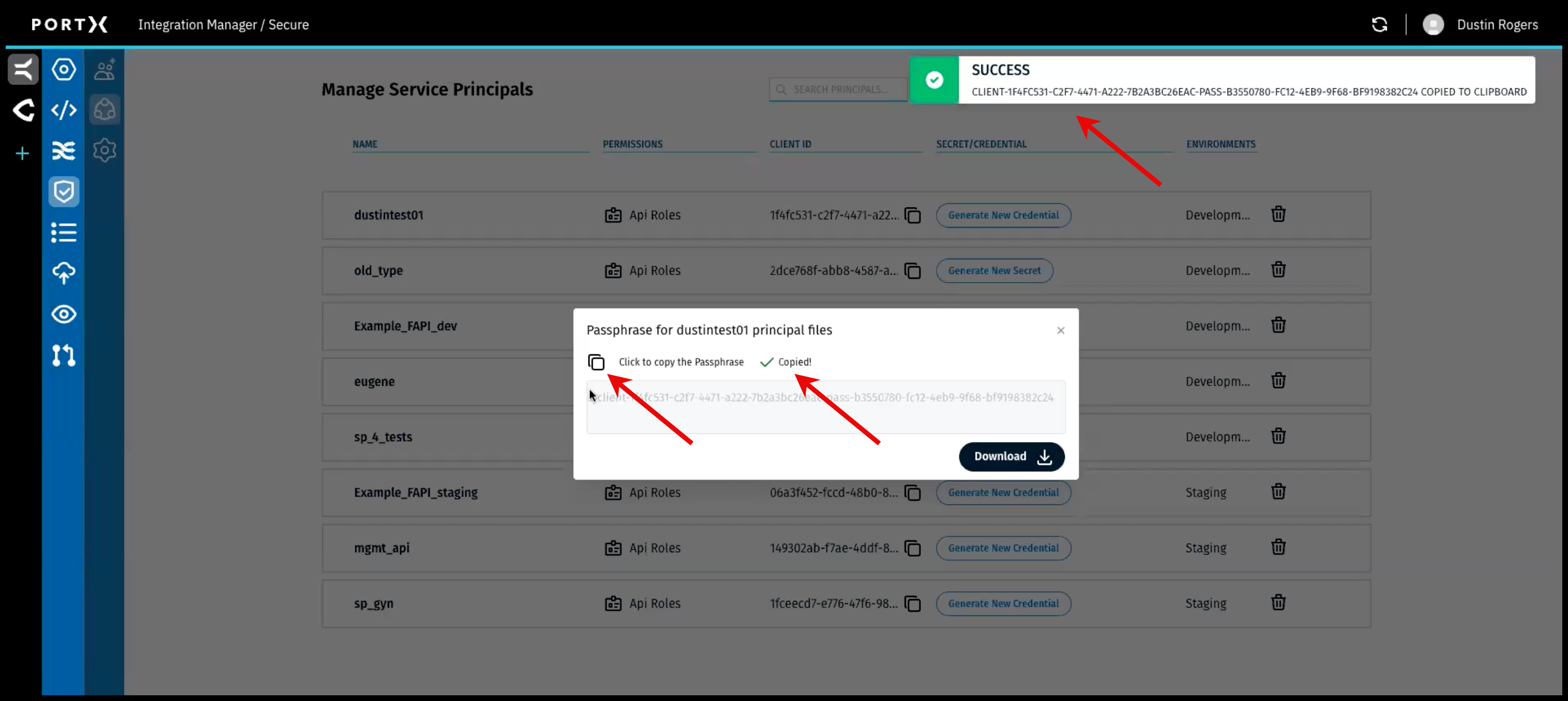 Figure 81. Passphrase-Download Window—Copy Passphrase, 2 Confirmation Messages Showing Passphrase is Copied Successfully