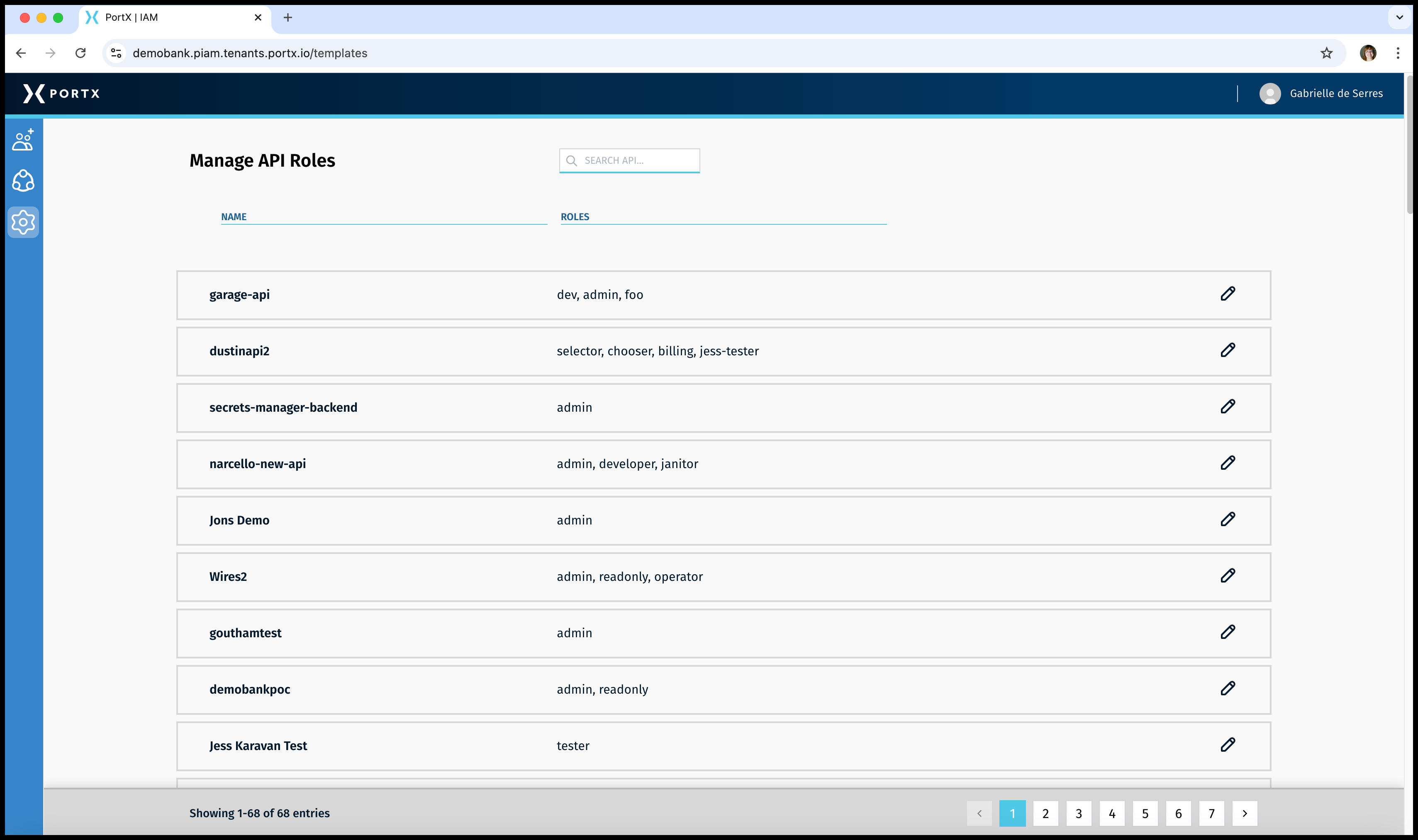 Figure 12. PortX Integration Manager—Secure Module, the PortX Identity Access Manager (PIAM) Main Page of Manage API Roles