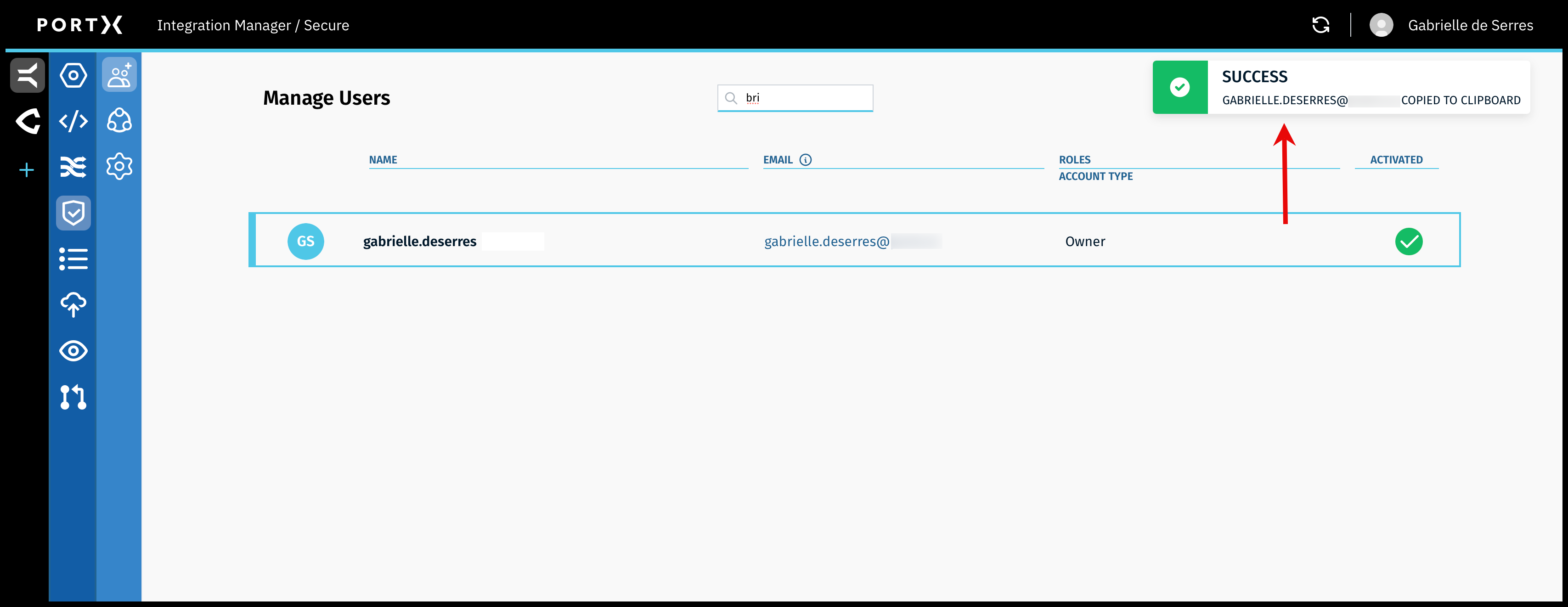 Figure 26. The Secure Module—Manage Users Page—Successful Copy Email Address to Clipboard