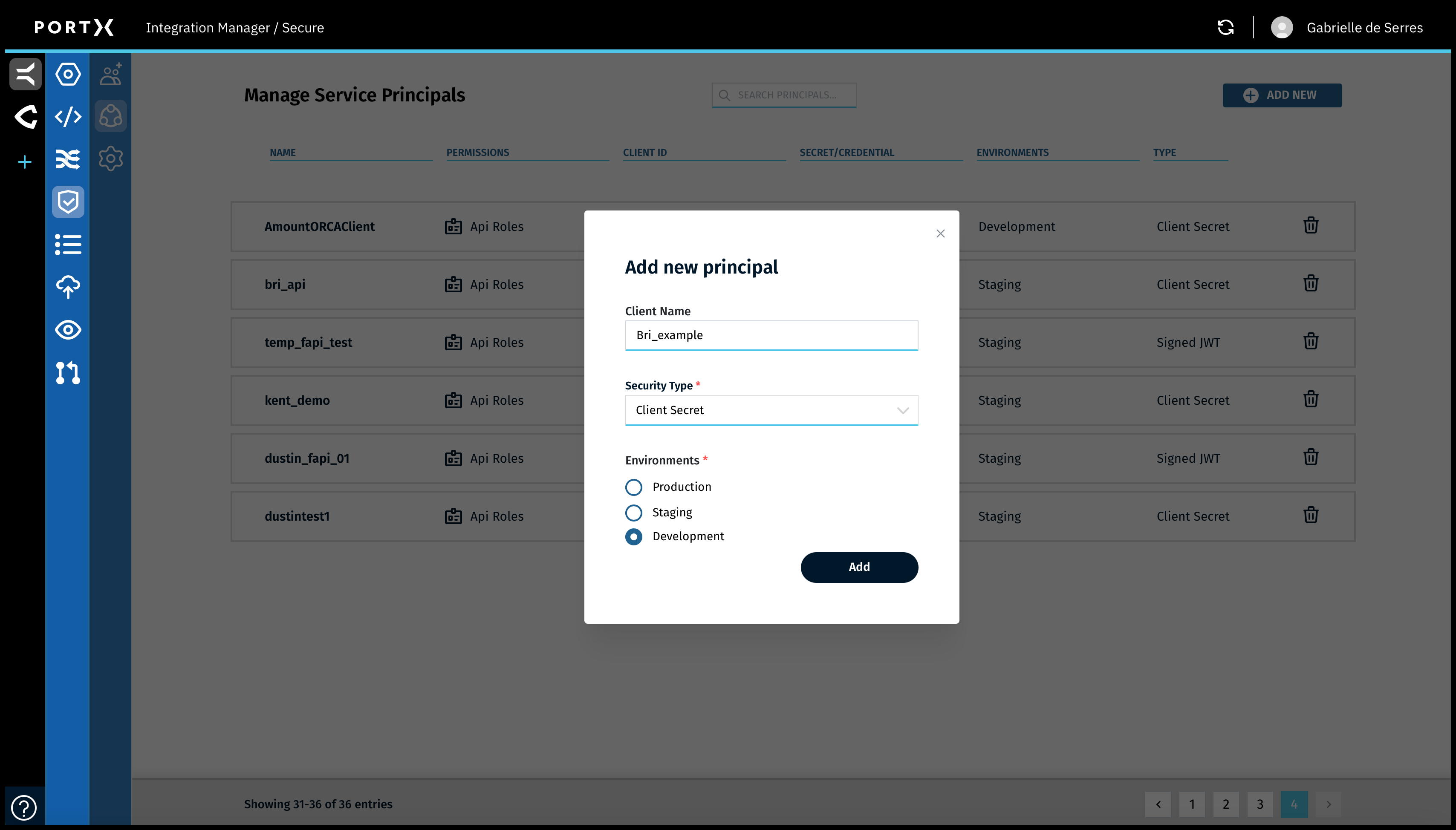 Figure 73. The Secure Module—Manage Service Principals Page—Add New Principal Window Showing an Example
