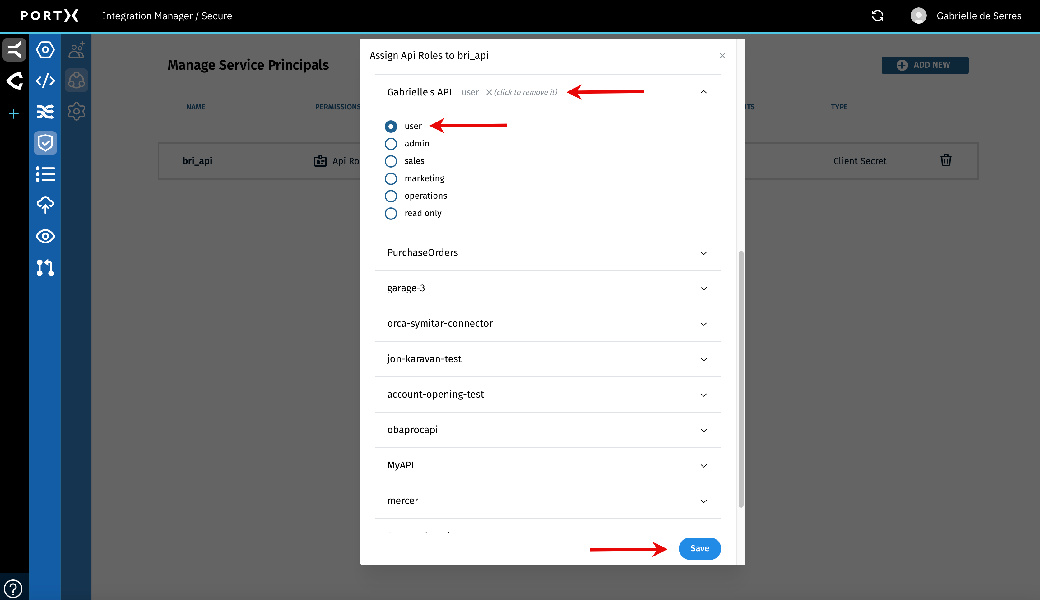 Figure 94. The Secure Module—Manage Service Principals Page—Assign Api Roles Window—Selection of API Role