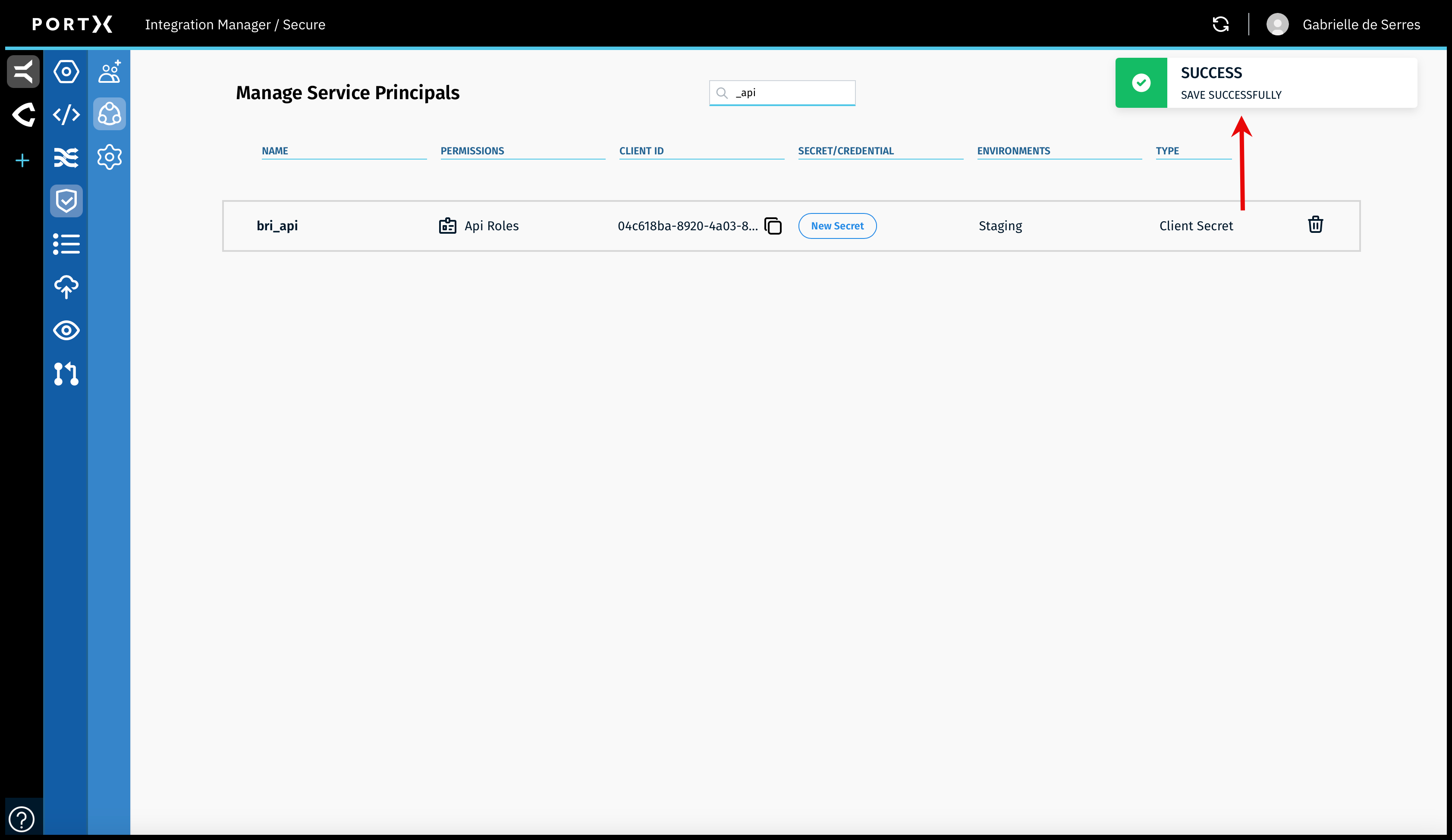 Figure 102. The Secure Module—Manage Service Principals Page—Successful Change of API Roles for a Specific API