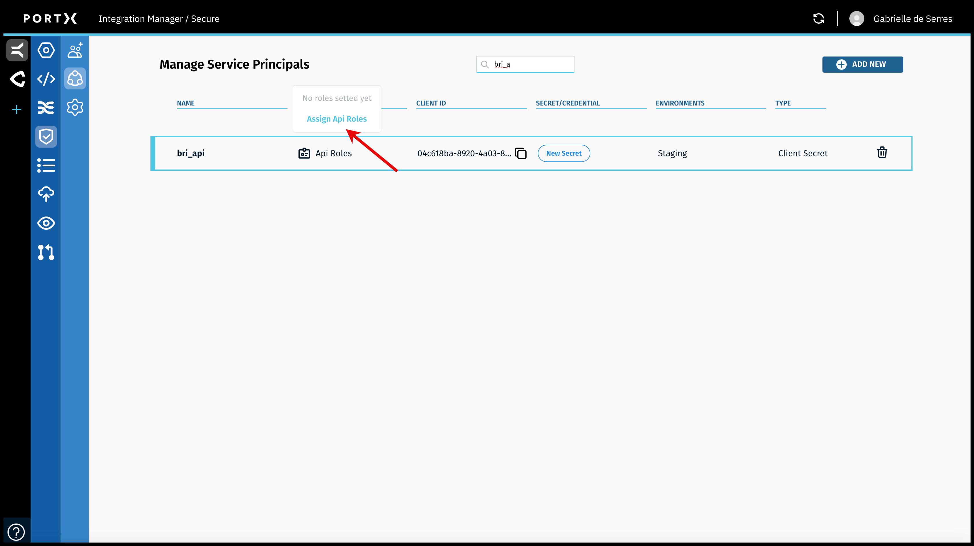 Figure 110. The Secure Module—Manage Service Principals Page—Pop-up Message Showing API Role as No Role Set Yet