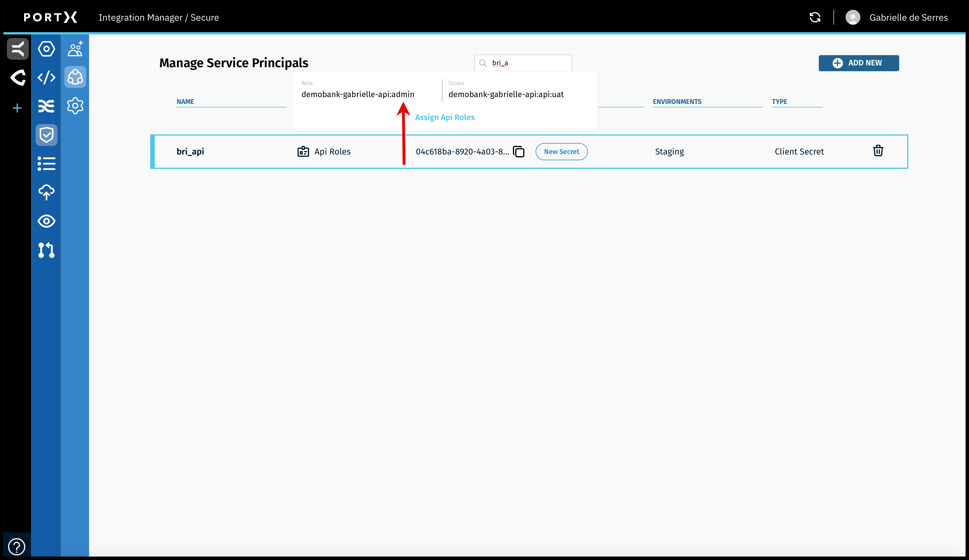 Figure 103. The Secure Module—Manage Service Principals Page—Pop-up Message Showing Current API Role as “Admin”